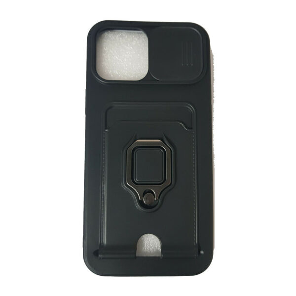 OEM Ring Holder Θήκη Σιλικόνης Με Προστασία Κάμερας Και Υποδοχή Κάρτας για Apple iPhone 13 - Μαύρο