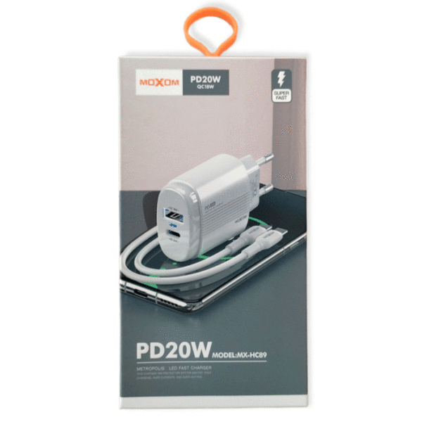 Moxom MX-HC89 Φορτιστής με Θύρα USB-A και USB-C και Καλώδιο USB Lightning 20W Χρώμα: Λευκό