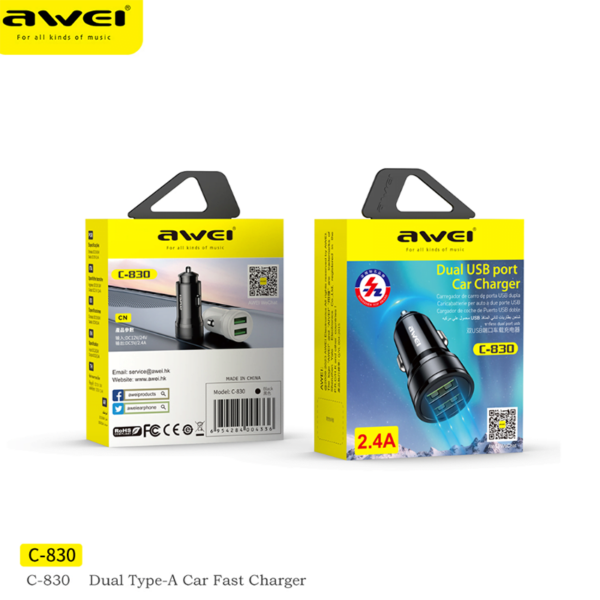 AWEI C-830 Φορτιστής Αυτοκινήτου Με 2 Θύρες USB-A 2.4A Χρώμα: Μαύρο