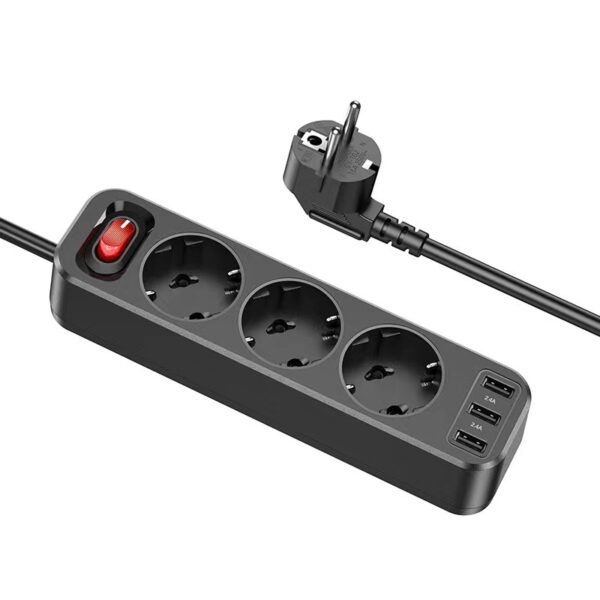 Hoco NS2 Πολύπριζο 3 Θέσεων με Διακόπτη, 3 USB και Καλώδιο 1.8m Μαύρο