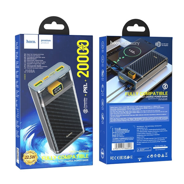 Hoco J103A Power Bank 20000mAh 22.5W με 2 Θύρες USB-A και Θύρα USB-C Power Delivery Γκρι