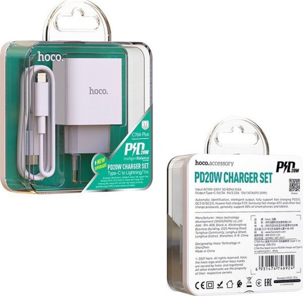 Hoco Φορτιστής με Θύρα USB-C και Καλώδιο Lightning-TC 20W Power Delivery Λευκός (C76A Plus)